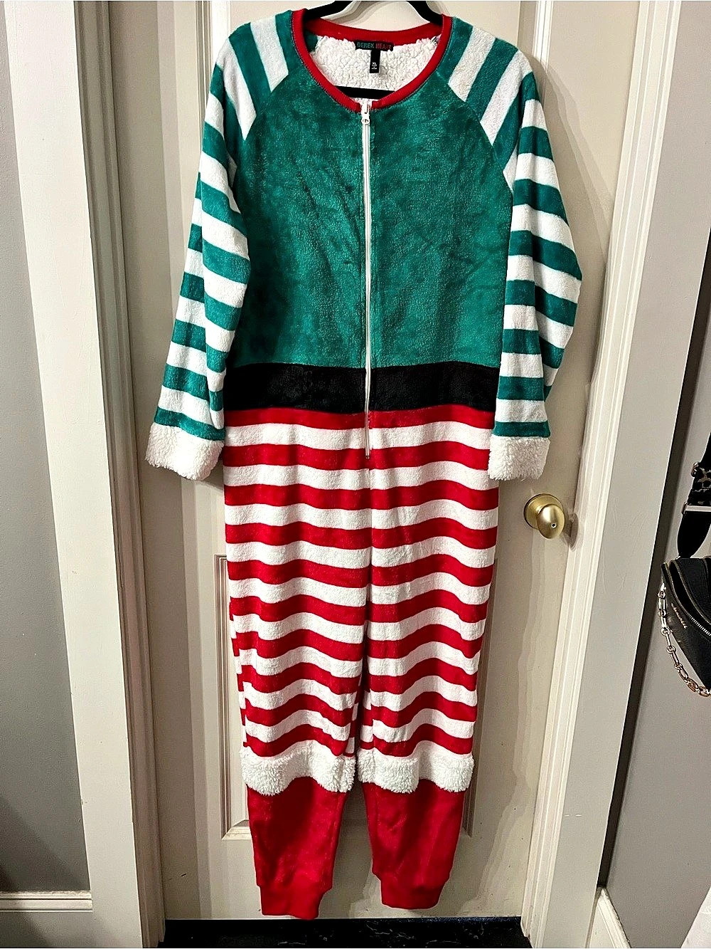 Derek Heart Striped Fleece Pajama Set Green & Red